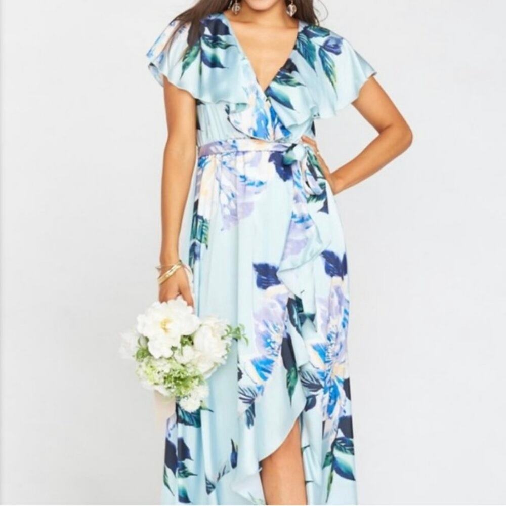 show me your mumu jess ruffle midi dress mint to be floral luxe satin small